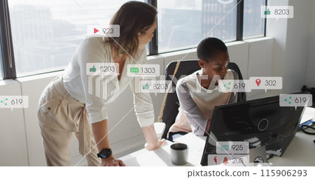 Image of multiple notification bars over diverse female coworkers discussing reports on computer 115906293