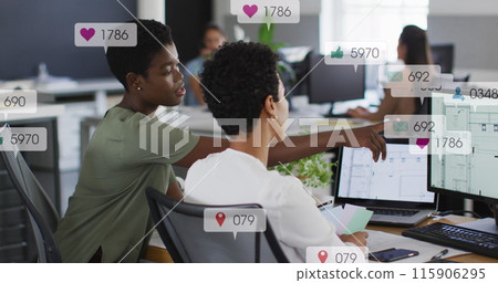Image of notification bars over diverse female coworkers discussing reports on computer 115906295