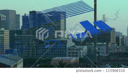 Image of infographic interface over modern building against sky Image of infographic interface over modern building against sky 115906310