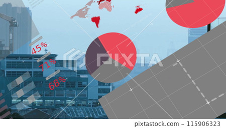 Image of multicolored infographic interface over modern city against sky 115906323