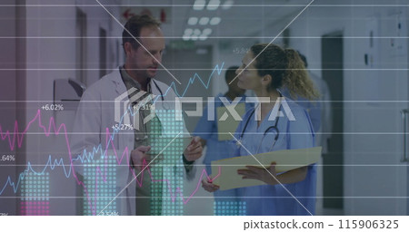 Image of graphs, changing numbers over caucasian doctor standing and discussing patient reports 115906325