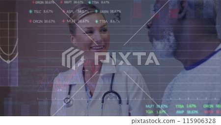 Image of graphs and trading boards over diverse female doctor explaining about his illness Image of graphs and trading boards over diverse female doctor explaining about his illness 115906328