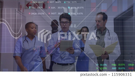 Image of graphs, diverse doctor discussing patient reports while walking in hospital corridor Image of graphs, diverse doctor discussing patient reports while walking in hospital corridor 115906331
