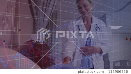 Image of graphs and changing numbers over diverse female doctor examining patient in hospital Image of graphs and changing numbers over diverse female doctor examining patient in hospital 115906336