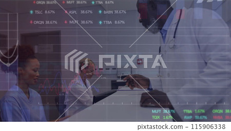 Image of graphs, trading boards over diverse nurse handing patient reports to male doctor 115906338