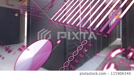 Image of graphs, globe and computer language over data server room 115906340