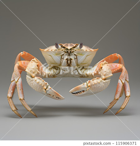 Macro photography of a crab, a decapod crustacean, on a gray background. This arthropod organism is a terrestrial animal and invertebrate, captured in stunning detail 115906371