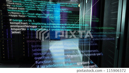 Image of multicolored computer language over data server room Image of multicolored computer language over data server room 115906372