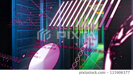 Image of graphs, globe and computer language over data server room Image of graphs, globe and computer language over data server room 115906377
