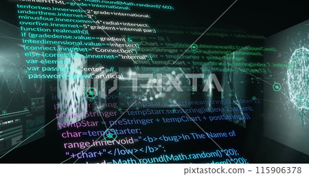Image of computer language and connected dots, multiple medical interface over black background 115906378
