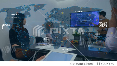 Image of world map and financial data processing over diverse business people in office Image of world map and financial data processing over diverse business people in office 115906379