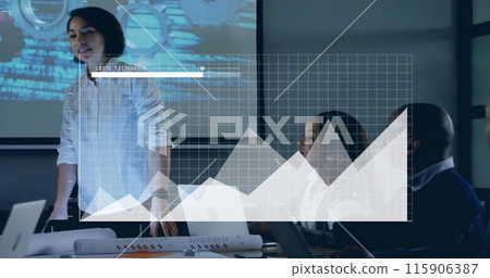 Image of financial data processing over diverse business people in office Image of financial data processing over diverse business people in office 115906387