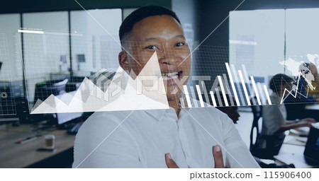 Image of financial data processing over african american businessman in office 115906400