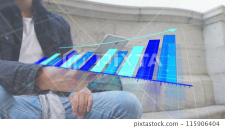 Image of financial data processing over biracial man using smartphone 115906404