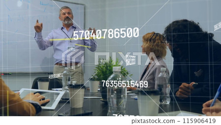 Image of financial data processing over diverse business people in office Image of financial data processing over diverse business people in office 115906419