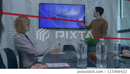 Image of financial data processing over diverse business people in office 115906422