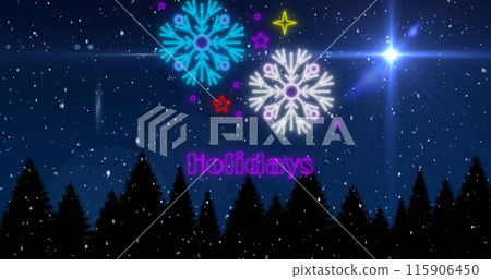 Image of holidays text and snow falling over trees on blue background Image of holidays text and snow falling over trees on blue background 115906450