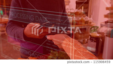 Image of data processing over biracial man paying with smartphone 115906459