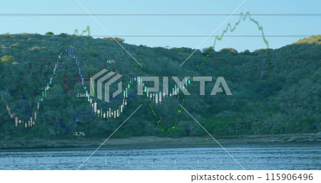 Image of data processing and diagrams over landscape Image of data processing and diagrams over landscape 115906496