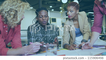 Image of financial data processing over diverse business people in office 115906498