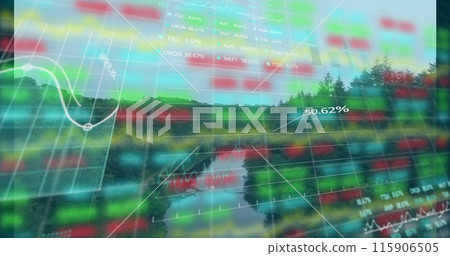 Image of stock market and diagrams over landscape 115906505