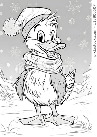 A cartoon illustration of a duck organism wearing a Santa hat and scarf in black and white. The gesture and art of the drawing show a festive mammal with a cute tail 115906507