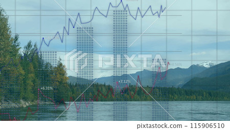 Image of data processing and diagrams over landscape 115906510