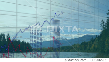 Image of data processing, stock market and diagrams over landscape Image of data processing, stock market and diagrams over landscape 115906513