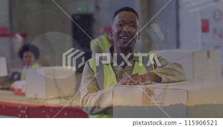 Image of statistic charts over happy african american male worker in warehouse Image of statistic charts over happy african american male worker in warehouse 115906521