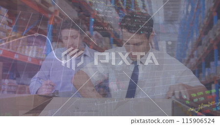 Image of statistic charts over caucasian male workers in warehouse Image of statistic charts over caucasian male workers in warehouse 115906524