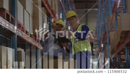 Image of statistic charts over diverse male workers in warehouse Image of statistic charts over diverse male workers in warehouse 115906532