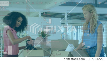 Image of financial data processing over diverse businesswomen unpacking boxes in office Image of financial data processing over diverse businesswomen unpacking boxes in office 115906553