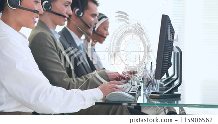 Image of network of connections over happy diverse office workers wearing headsets Image of network of connections over happy diverse office workers wearing headsets 115906562