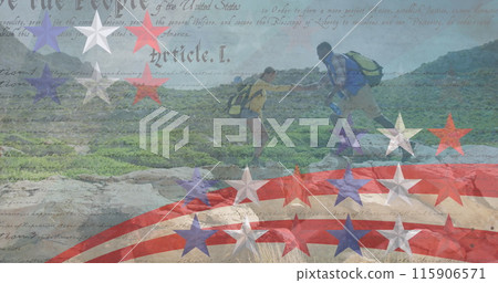 Image of stripes and stars moving over couple hiking Image of stripes and stars moving over couple hiking 115906571