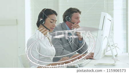 Image of network of connections over diverse office workers wearing headsets Image of network of connections over diverse office workers wearing headsets 115906573