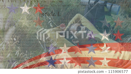 Image of stripes and stars moving over woman lying on meadow Image of stripes and stars moving over woman lying on meadow 115906577