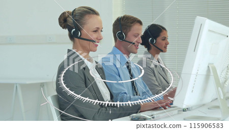 Image of scope scanning over diverse business people using phone headsets 115906583