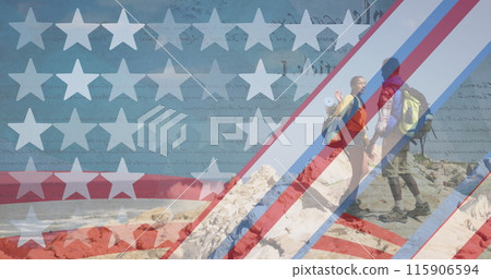 Image of stripes and stars moving over couple hiking Image of stripes and stars moving over couple hiking 115906594