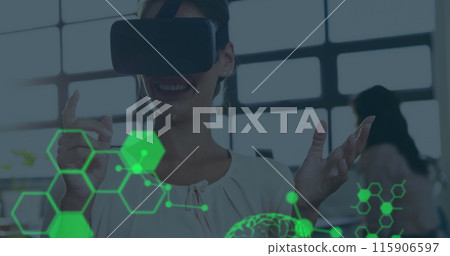 Image of human brains spinning and data processing over businesswoman wearing vr headset Image of human brains spinning and data processing over businesswoman wearing vr headset 115906597