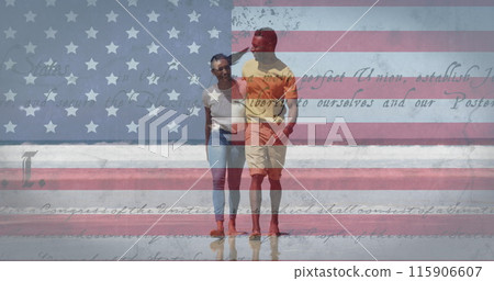 Image of american flag and text moving over couple walking on beach Image of american flag and text moving over couple walking on beach 115906607