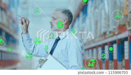 Image of network of eco and environmentally friendly icons worker of the ware house Image of network of eco and environmentally friendly icons worker of the ware house 115906703