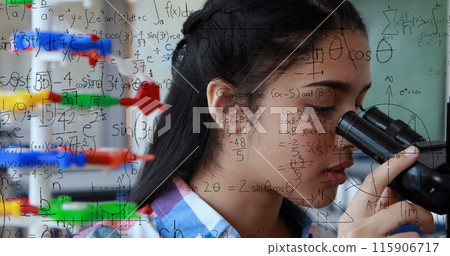 Image of mathematical formulae over student using microscope Image of mathematical formulae over student using microscope 115906717
