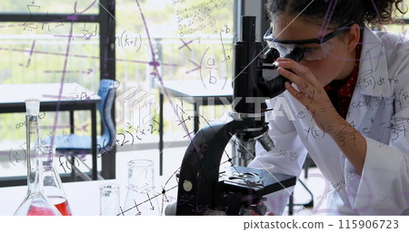 Image of mathematical formulae over female using microscope 115906723
