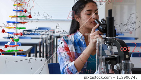 Image of mathematical formulae over student using microscope 115906745