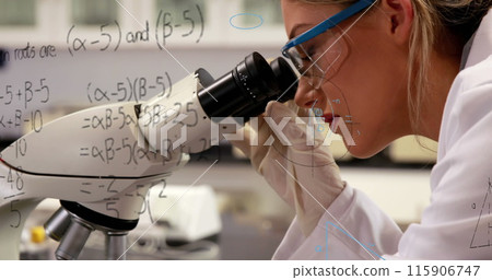 Image of mathematical formulae over female using microscope Image of mathematical formulae over female using microscope 115906747