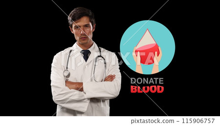 Image of donate blood text with caucasian male doctor on black background 115906757