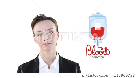 Image of blood donation text with caucasian businesswoman on white background Image of blood donation text with caucasian businesswoman on white background 115906758