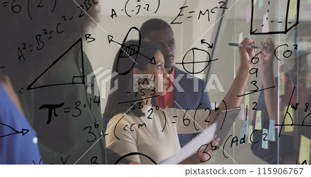 Multiple mathematical equations against diverse office colleagues writing on glass board at office Multiple mathematical equations against diverse office colleagues writing on glass board at office 115906767