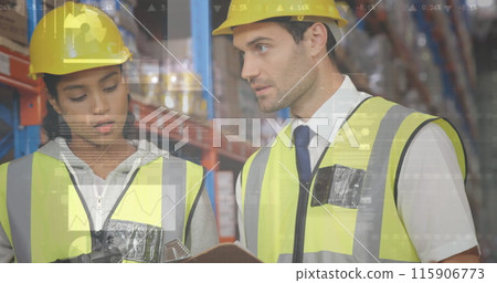 Image of statistics and data processing over diverse people working in warehouse Image of statistics and data processing over diverse people working in warehouse 115906773