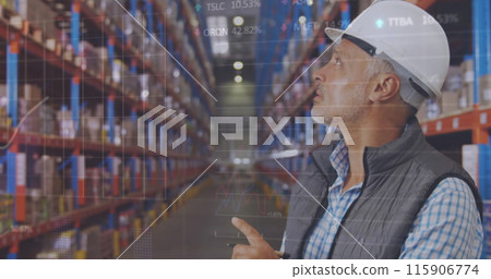 Image of statistics and data processing over caucasian man working in warehouse Image of statistics and data processing over caucasian man working in warehouse 115906774